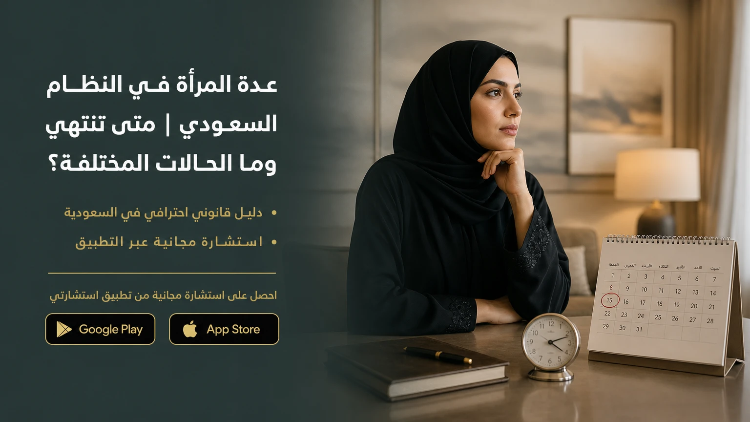 امرأة سعودية ترتدي زي تقليدي مع تقويم وساعة ترمز لعدة المرأة في النظام السعودي