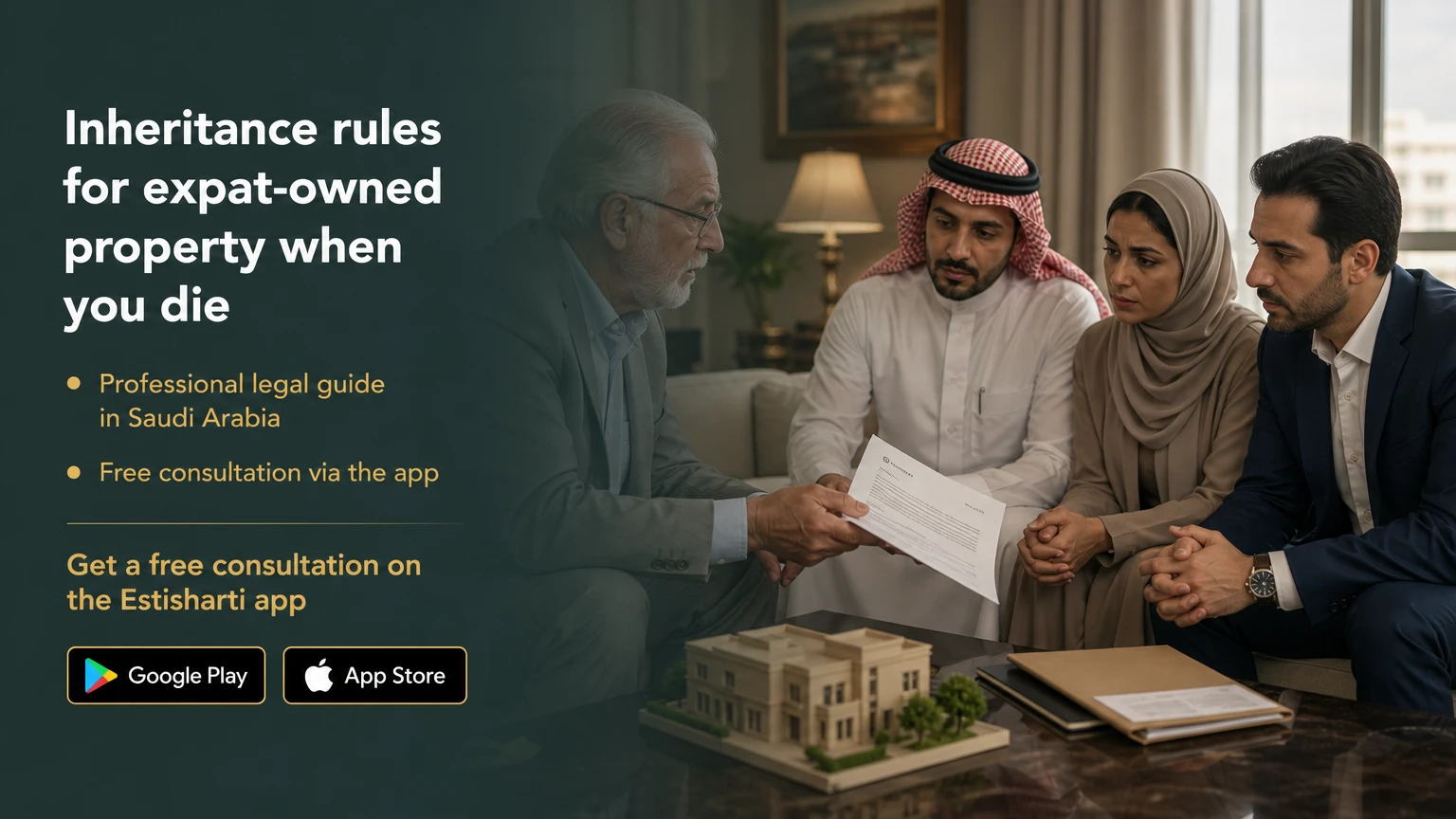Elderly expat passing property documents to diverse heirs.